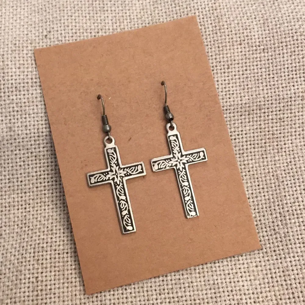 Cross Earrings Oxidized Floral Design Silvertone